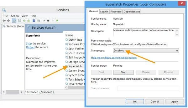 Disable SuperFetch from Window Services