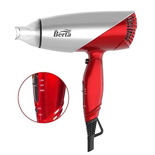 Berta 1875W Folding Hair Dryer Dual Voltage Blow Dryer Negative Ions Travel Dryer With 2 Heat 2 Speed Setting